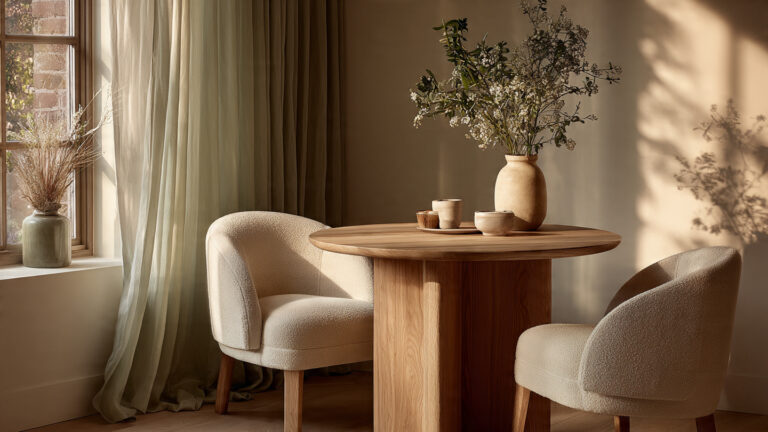 serene small dining area in a calm neutral home, round space-saving dining table