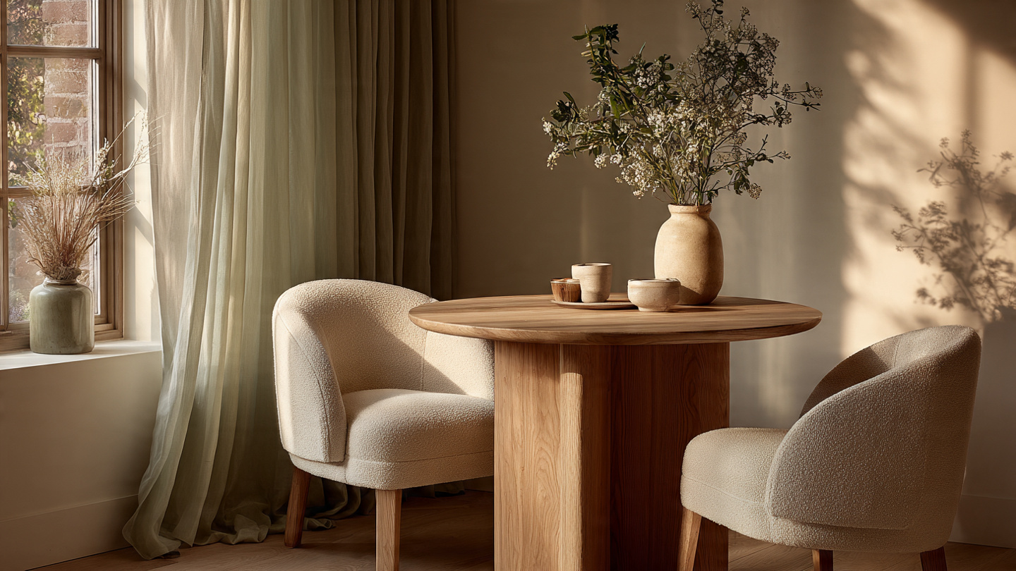 serene small dining area in a calm neutral home, round space-saving dining table